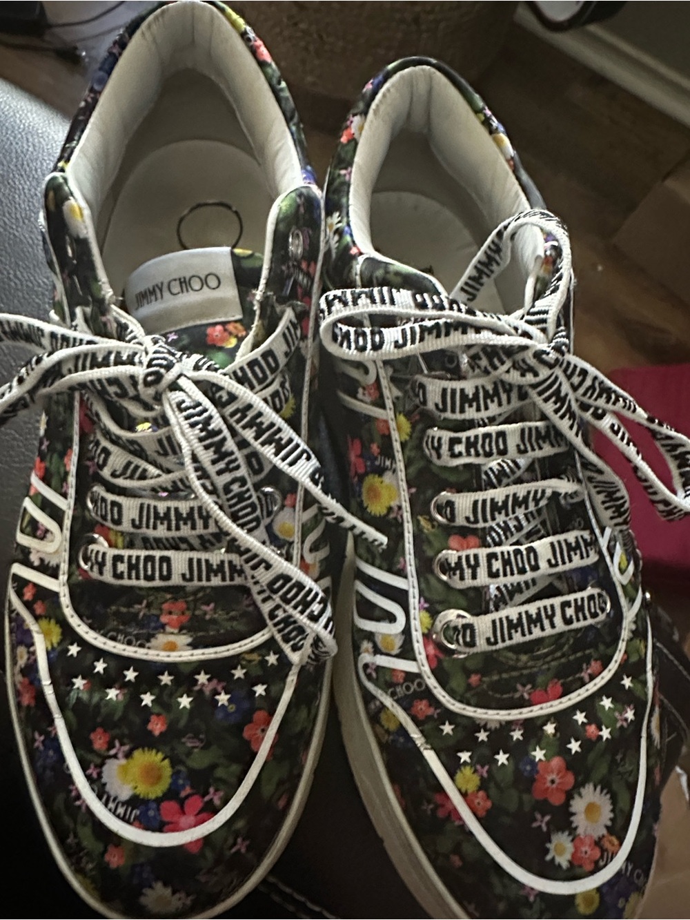 Jimmy Choo Black Floral Logo Low-Top Sneakers with White Heel Band